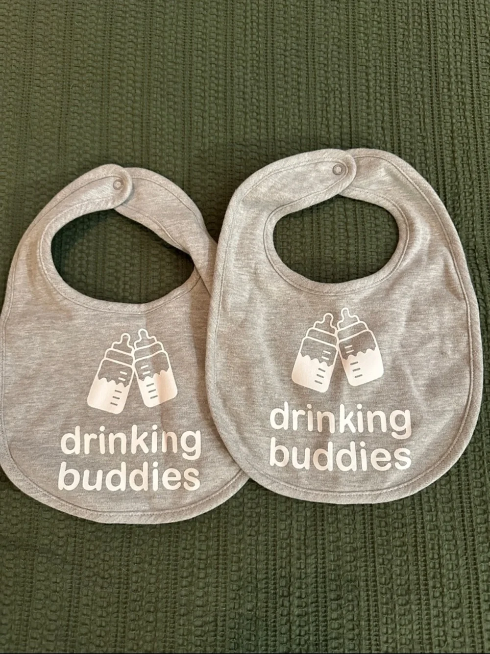 NWOT Grey 'Drinking Buddies' Baby Bibs - Set of 2